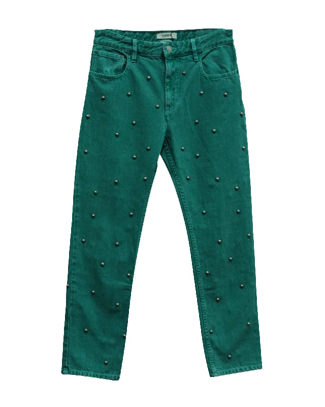 Save Up to 50% Off!Isabel Marant Etoile Pearl Studded Jeans in Green Cotton