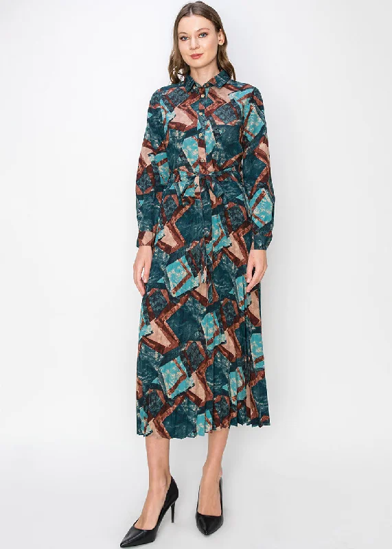 Buy More, Save More!Abstract Turquoise Pleated Midi Dress