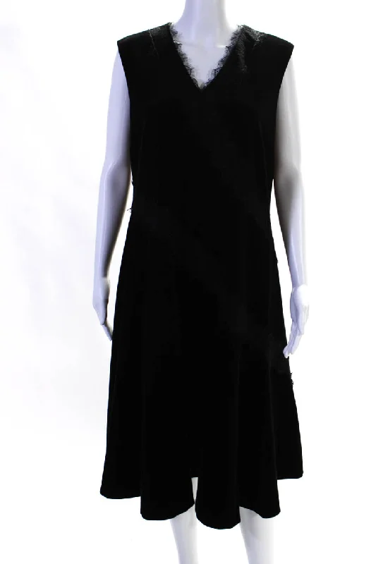 Limited Stock Available!Adeam Women's V-Neck Lace Trim A-Line Flare Ashlee Midi Dress Black