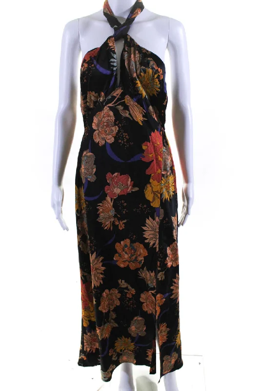 Price Drop Alert!ASTR Womens Floral Satin Halter Midi Dress Black Orange Purple