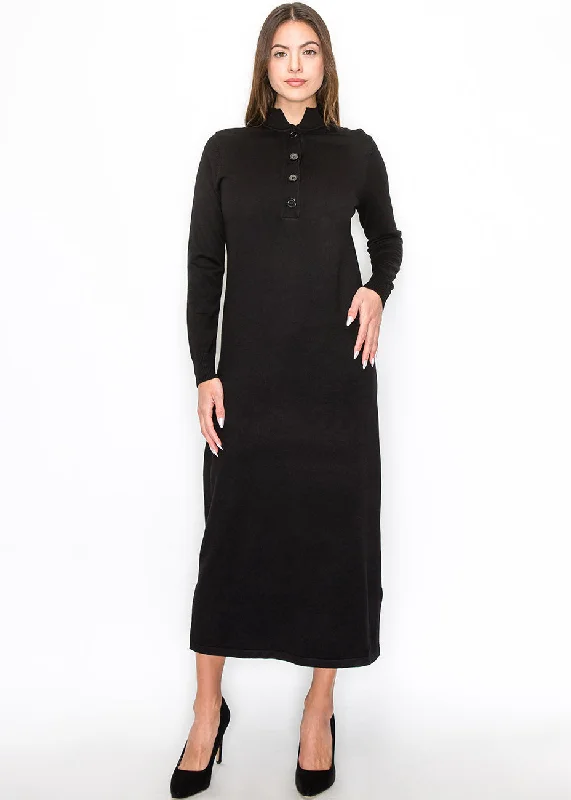 Save More Than Ever!Black Knit Midi Dress with Button Detail