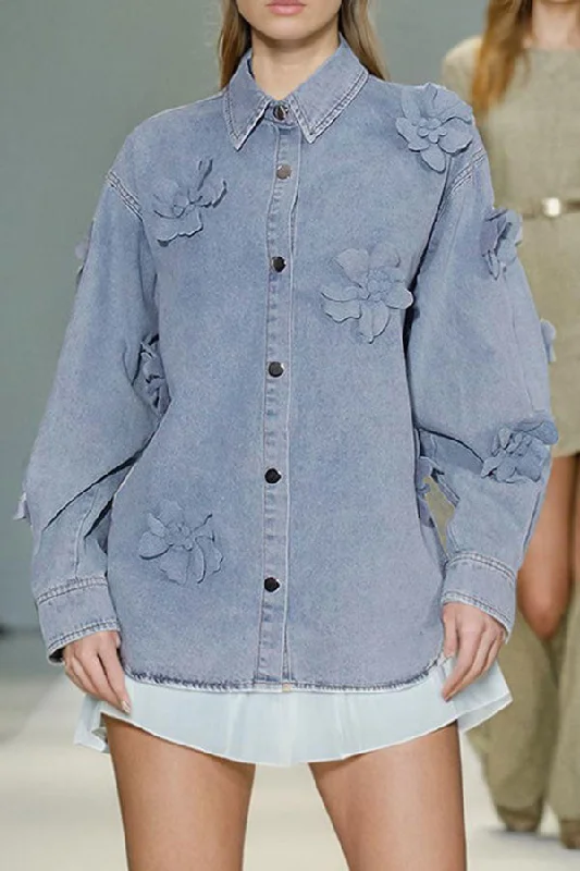 Hurry, Sale Ends Soon!Blue 3D Flower Decor Smart Button Down Denim Shacket