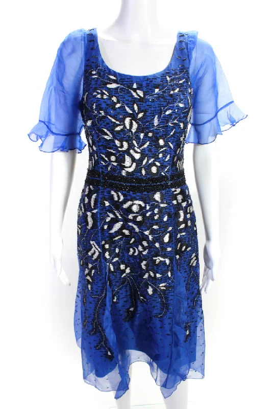 Your Discount is Waiting!Carolina Herrera Womens Beaded Ruffled Hem Short Sleeve Midi Dress Blue Your Discount is Waiting!Carolina Herrera Womens Beaded Ruffled Hem Short Sleeve Midi Dress Blue