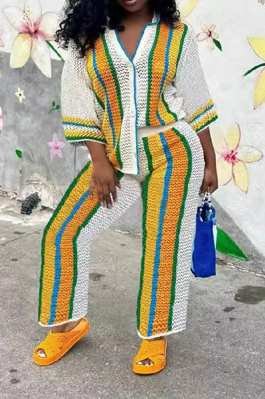 Exclusive Savings This Week!Color Block Knitted Bold See-Through Pant Suit