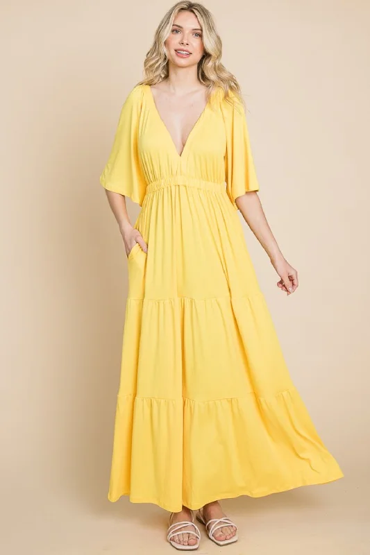 One Click Away from Big Savings!Culture Code Backless Plunge Half Sleeve Tiered Dress