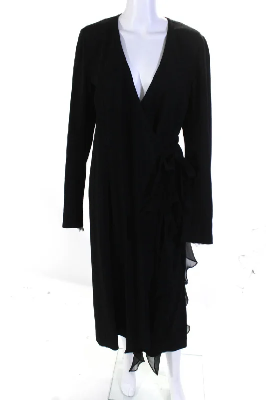 Steals and Deals Await!Derek Lam Womens Long Sleeve Wrap Ruffle Crepe Midi Dress Black