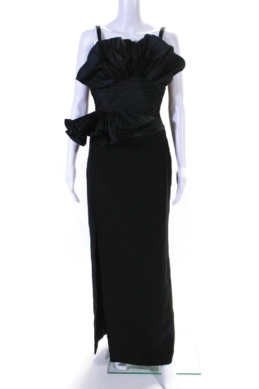 Hottest Discounts of the Year!Elie Saab Womens Back Zip Pleated Ruffled Side Slit Midi Dress Black