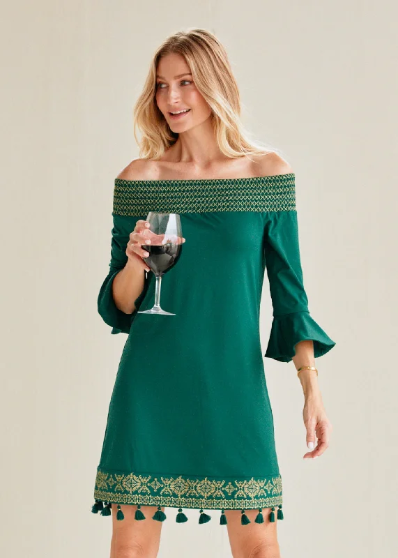 Special Offer – Act Fast!Emerald Metallic Embroidered Off The Shoulder Dress