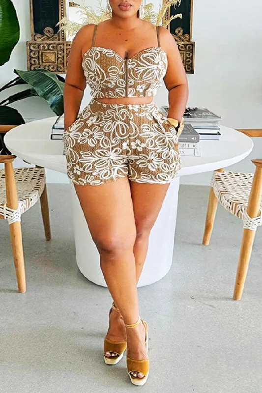 Lowest Prices Guaranteed!Floral Pattern Relaxed Strappy Back Spaghetti Strap Pant Suit