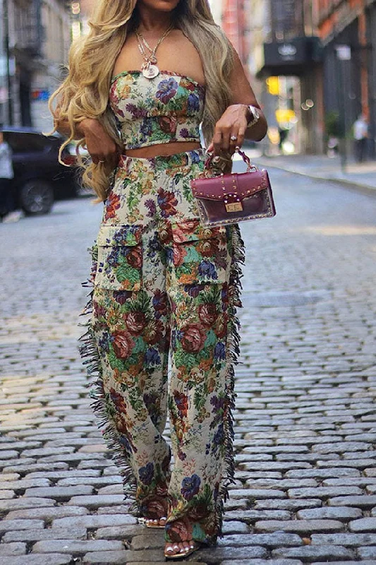 Massive Price Cuts!Floral Print Girly Strappy Back Tassel Pocket Pant Suit