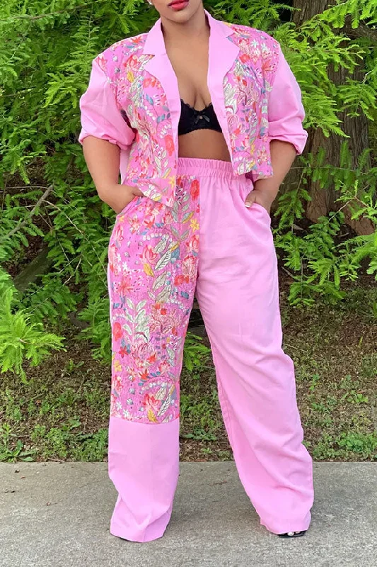 Shop Early, Save Big!Floral Print Patchwork Urban Notched Lapel Pant Suit