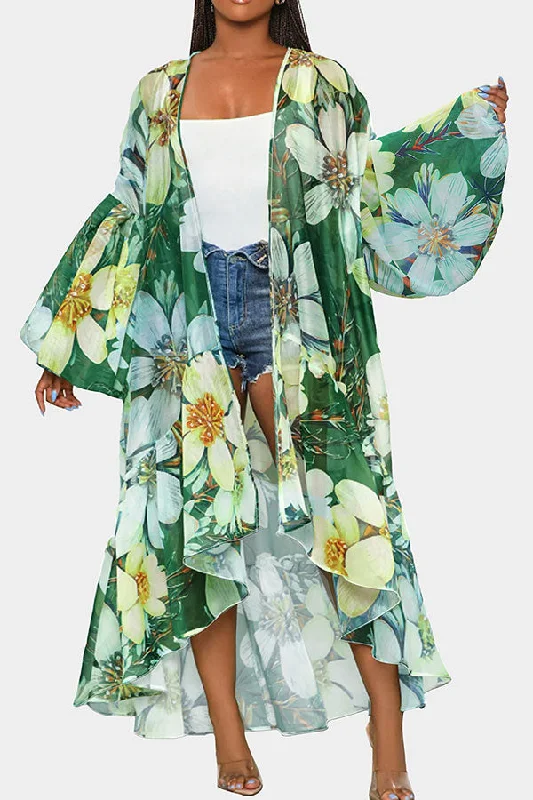 Savings You Can’t Ignore!Floral Print Puff Sleeve Relaxed High Low Ruffled Tunic