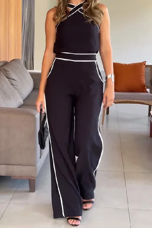 Upgrade for Less!Hit Color Modern Cross Halter Pant Suit