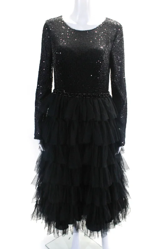 Upgrade for Less!Ieena MacDuggal Womens Tiered Tulle Long Sleeve Sequin Midi Dress Black