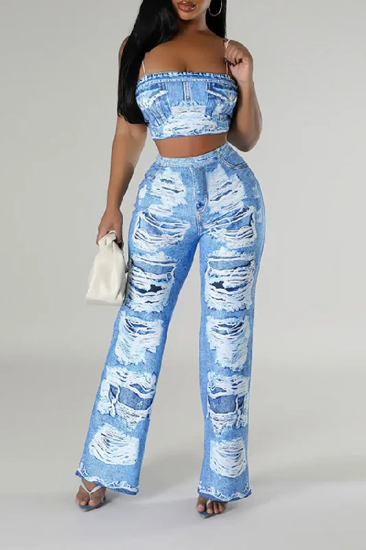 Limited-Time Price Drop!Imitation Denim Print On-trend Spaghetti Strap Pant Suit