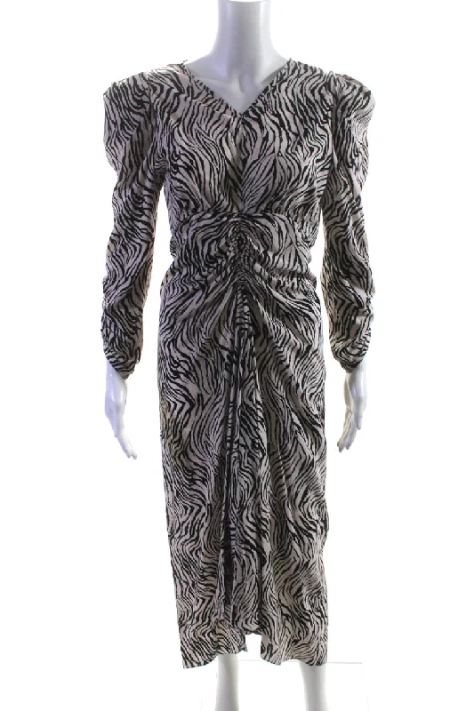One Day Only – Huge Savings!Isabel Marant Womens Albi Zebra Print Ruched Midi Dress Black White One Day Only – Huge Savings!Isabel Marant Womens Albi Zebra Print Ruched Midi Dress Black White