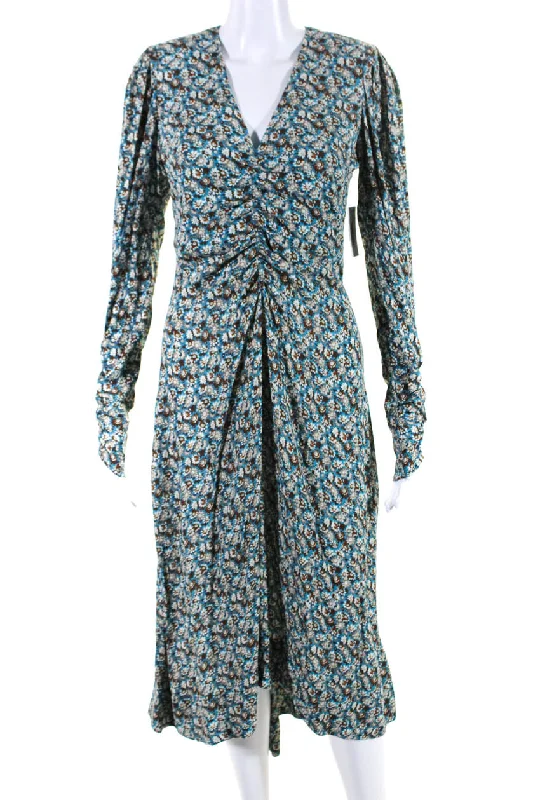Find the Best Deals Here!Joie Womens Haruko Floral V Neck Long Sleeve Midi Dress Blue Brown