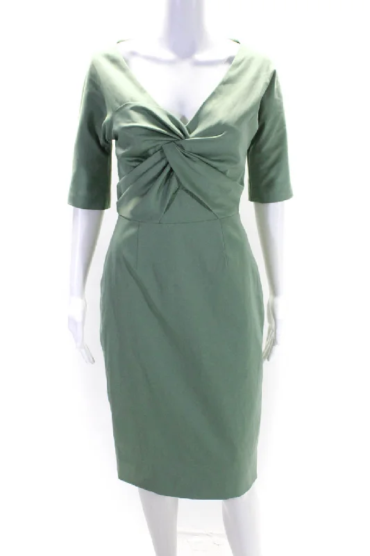 Your Favorite Sale is Back!Lela Rose Womens Pleated V-Neck Short Sleeve Zip Up Midi Dress Green