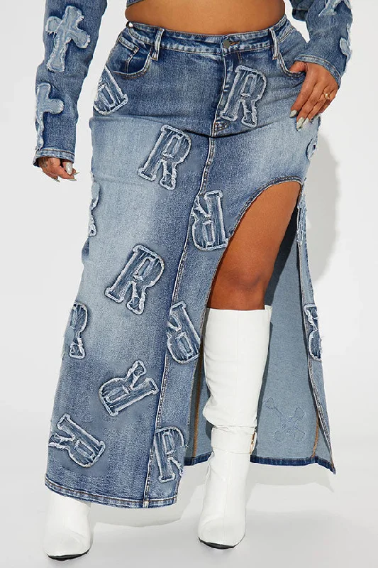 Exclusive Offers You’ll Love!Letter Applique Gradient Denim Playful High Split Skirt Exclusive Offers You’ll Love!Letter Applique Gradient Denim Playful High Split Skirt