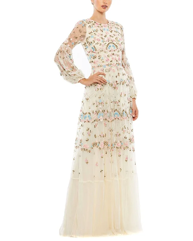 Your Shopping Spree Starts Here!Mac Duggal Embroidered High Neck Illusion Sleeve Tiered Gown