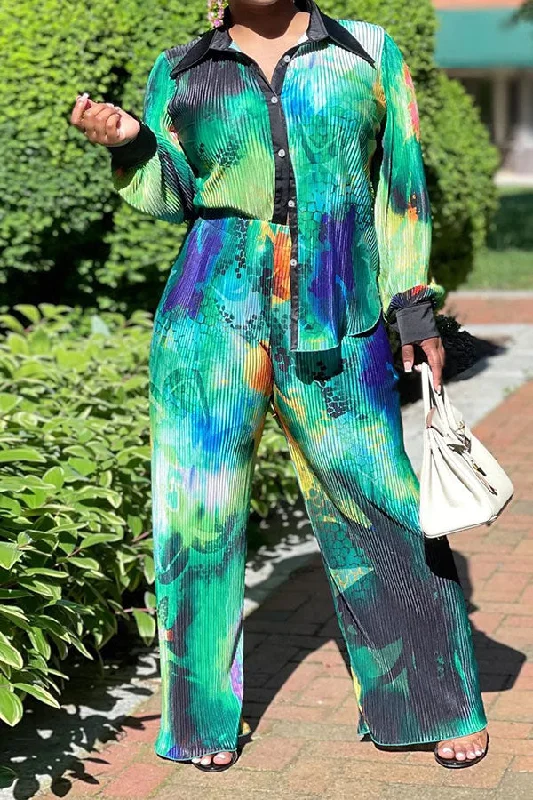 More Discounts, More Joy!Multicolor Abstract Print Commuting Pleated Pant Suit