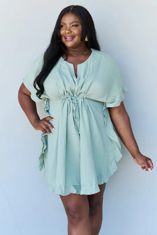 Save Money, Shop Happy!Ninexis Out Of Time Full Size Ruffle Hem Dress with Drawstring Waistband in Light Sage