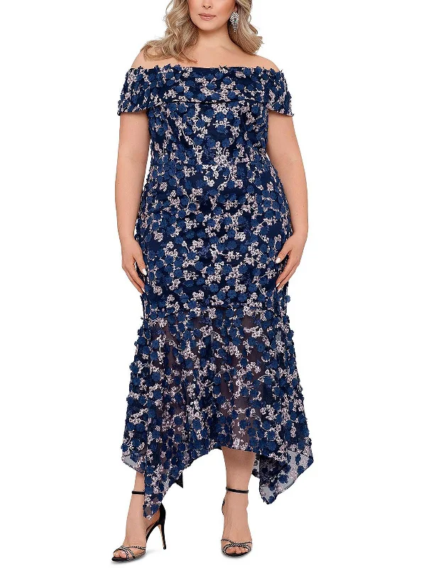 Huge Savings – Act Now!Plus Womens Floral Off-The-Shoulder Evening Dress
