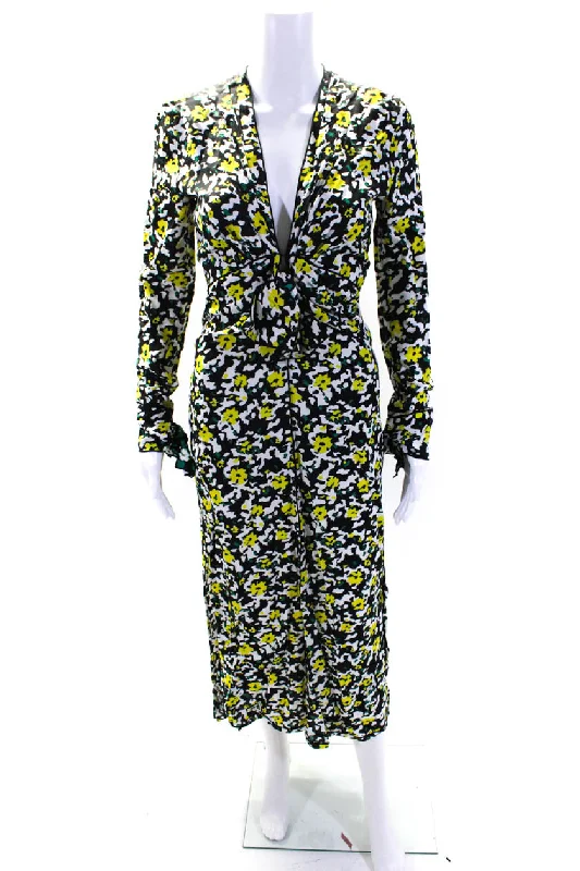 More Discounts, More Joy!Proenza Schouler Womens Long Sleeve V Neck Midi Dress Black White Yellow