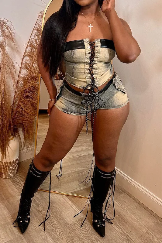 Save More When You Shop More!PU Patchwork Strapless Strappy Hot Denim Pant Suit