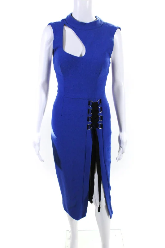 Limited Time Offer!Rebecca Vallance Women's Round Neck Cutout Slit Hem Midi Dress Blue