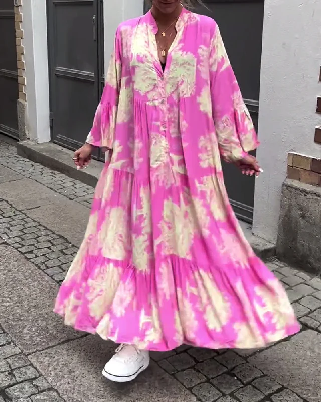 Unbeatable Prices!Loose Printed Patchwork V-Neck Dress with Bell Sleeves