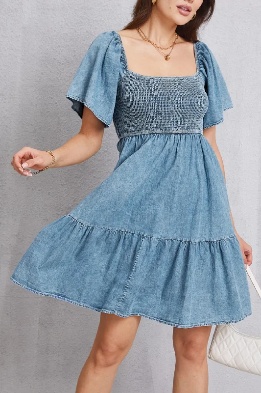 Get Ready to Save!Smocked Square Neck Mini Denim Dress