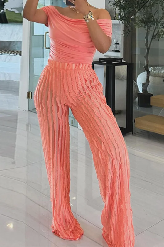 Limited Time Offer!Solid Color Girly Stringy Selvedge Ruched Off Shoulder Pant Suit Limited Time Offer!Solid Color Girly Stringy Selvedge Ruched Off Shoulder Pant Suit