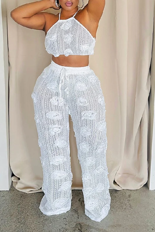 Hurry! While Supplies Last!Solid Color On-trend Strappy Back 3D Flower Decor Drawstring Pant Suit
