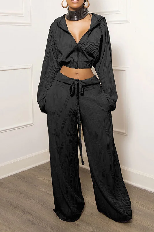 Save More When You Shop More!Solid Color Textured Casual Hooded Drawstring Pant Suit