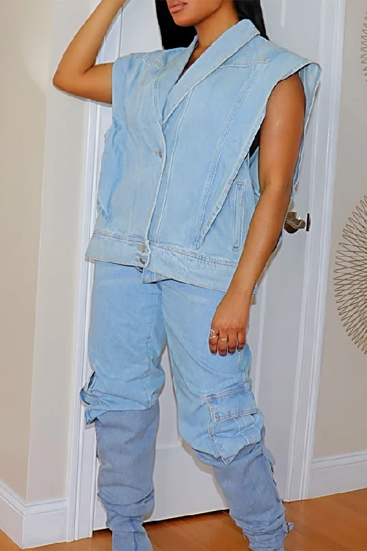 Flash Deals – Act Quickly!Solid Color Washed Denim Unique Ruffle Design Gilet