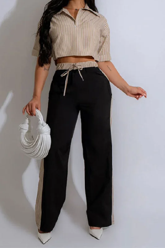 Limited Stock Available!Striped Polo Neck Casual Drawstring Pant Suit