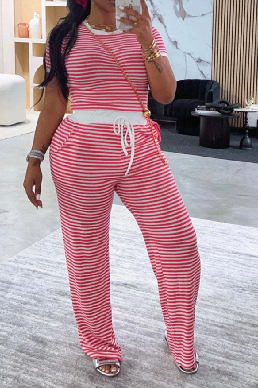 The Best Deals Won’t Wait!Striped Sporty Drawstring Round Neck Pant Suit