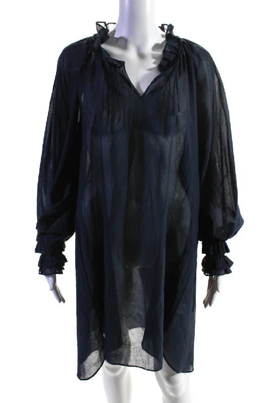 Great Deals, Just for You!Teija Womens Cotton Ruffled Bishop Long Sleeve Darted Midi Dress Navy