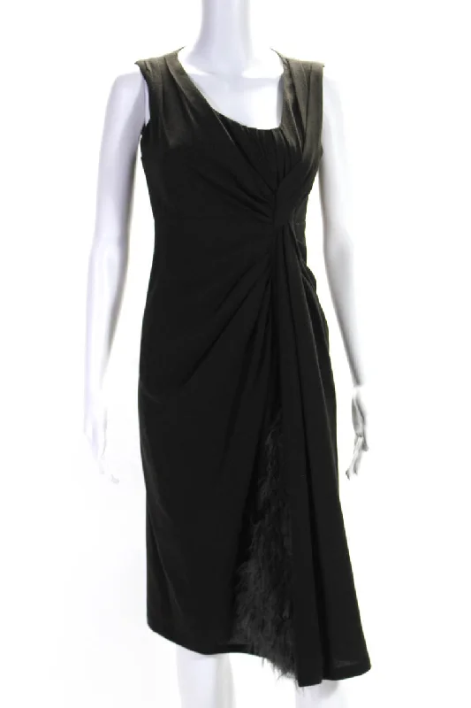Today’s Deals, Tomorrow’s Regrets!Vera Wang Womens Ruched Fringed Hem Zipped Sleeveless Midi Dress Brown