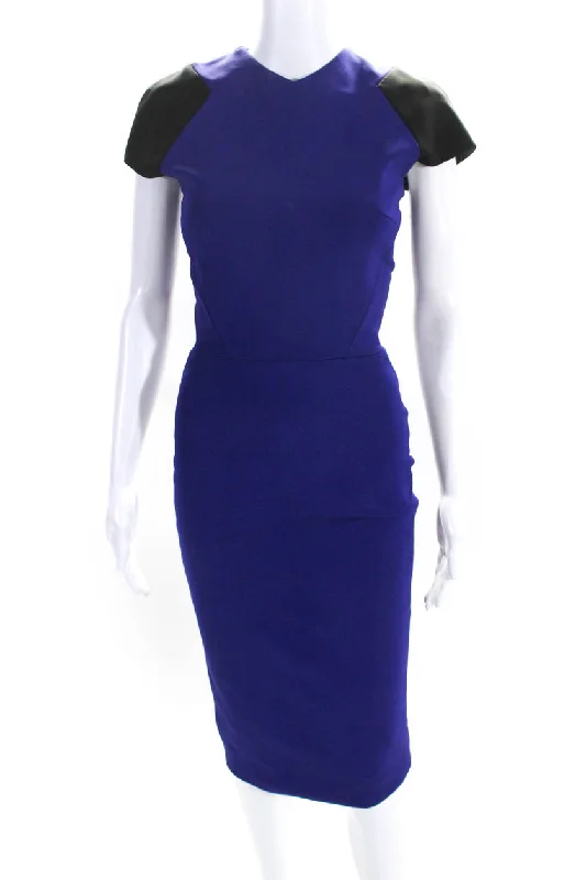 Hot Deals You Can’t Resist!Victoria Beckham Womens Colorblock Short Cap Sleeve Zip Midi Dress Blue