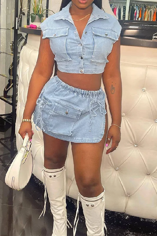 The Best Offers Are Here!Washed Denim Classic Multi Pocket High Split Skirt Suit