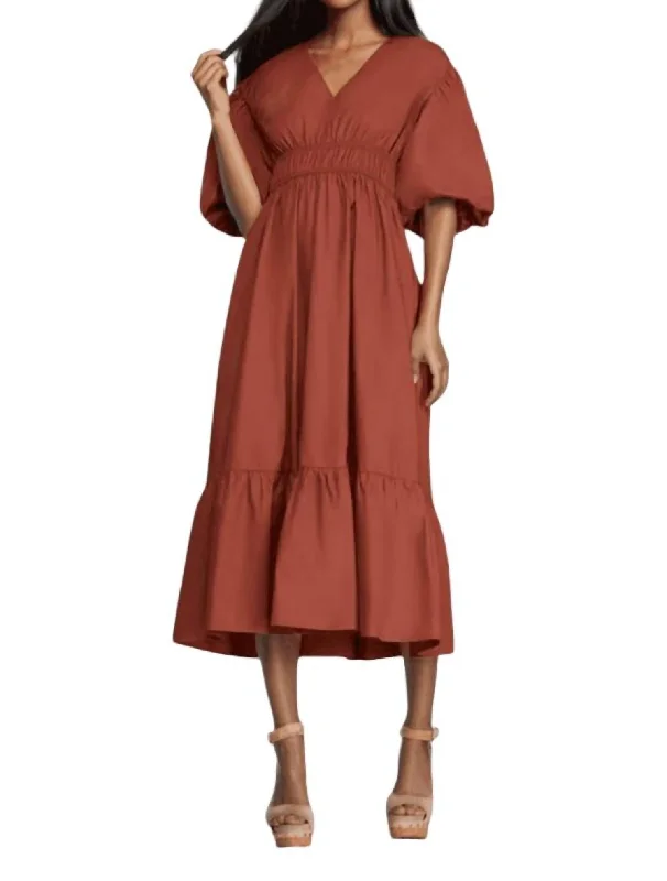 Hurry! While Supplies Last!Aimee Bubble Sleeve Midi Dress In Cognac