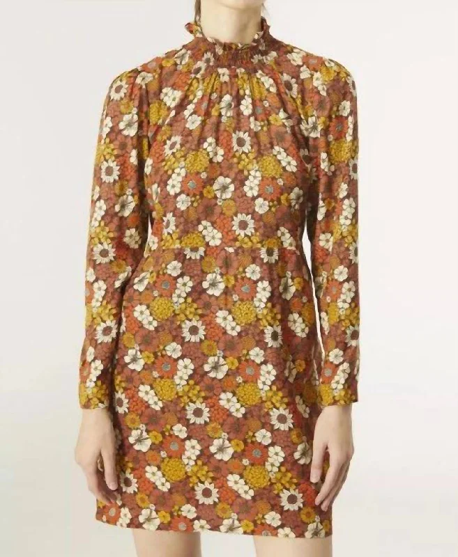 Save More When You Shop More!Autumn Floral Print Mini Dress In Brown