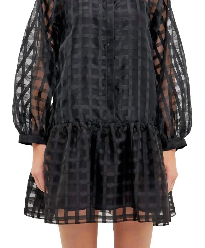 Limited Deals, Unlimited Savings!Check Organza Buttoned Long Sleeve Mini Dress In Black