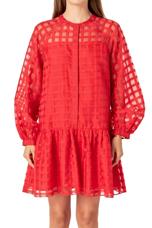 The Best Deals Won’t Wait!Check Organza Buttoned Long Sleeve Mini Dress In Red