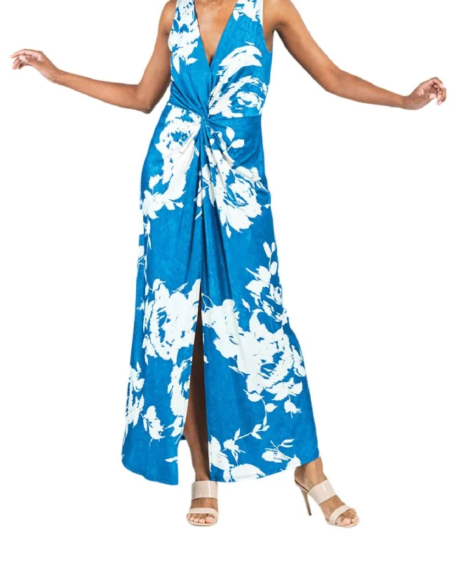 Upgrade for Less!Crushed Silk Knit Maxi Dress In Blue,white