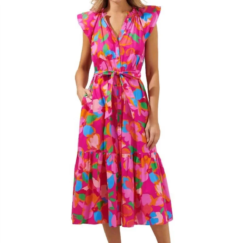 Find the Best Deals Here!Daphne Button Midi Dress In Fuschia Multi