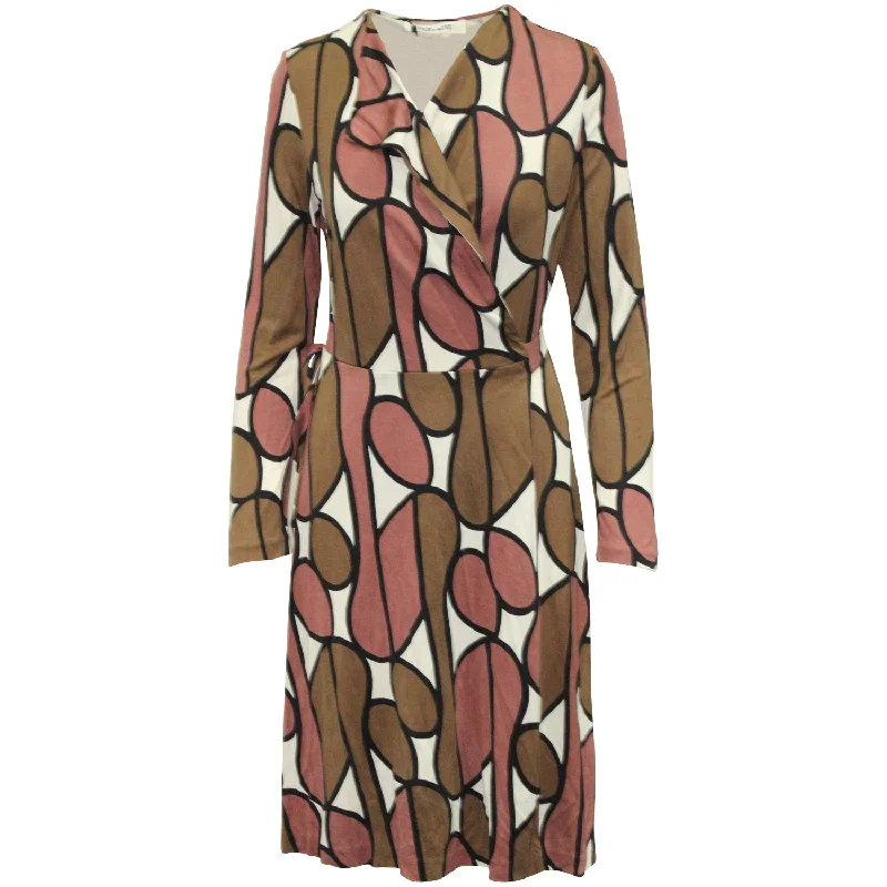 Savings You Can’t Ignore!Diane Von Furstenberg Two Tone Print Wrap Midi Dress in Brown/Pink Silk
