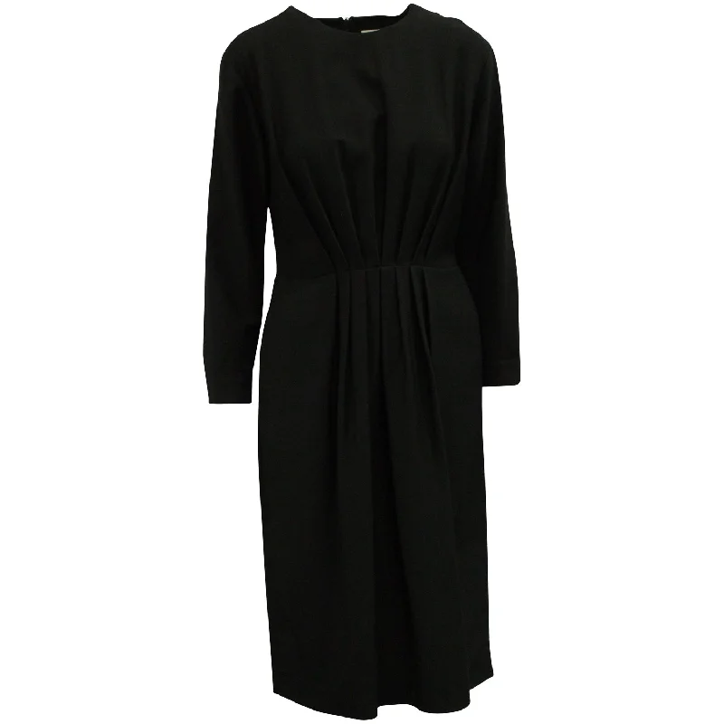 Seasonal Sale – Shop Now!Dries Van Noten Pleated Long Sleeves Midi Dress in Black Wool